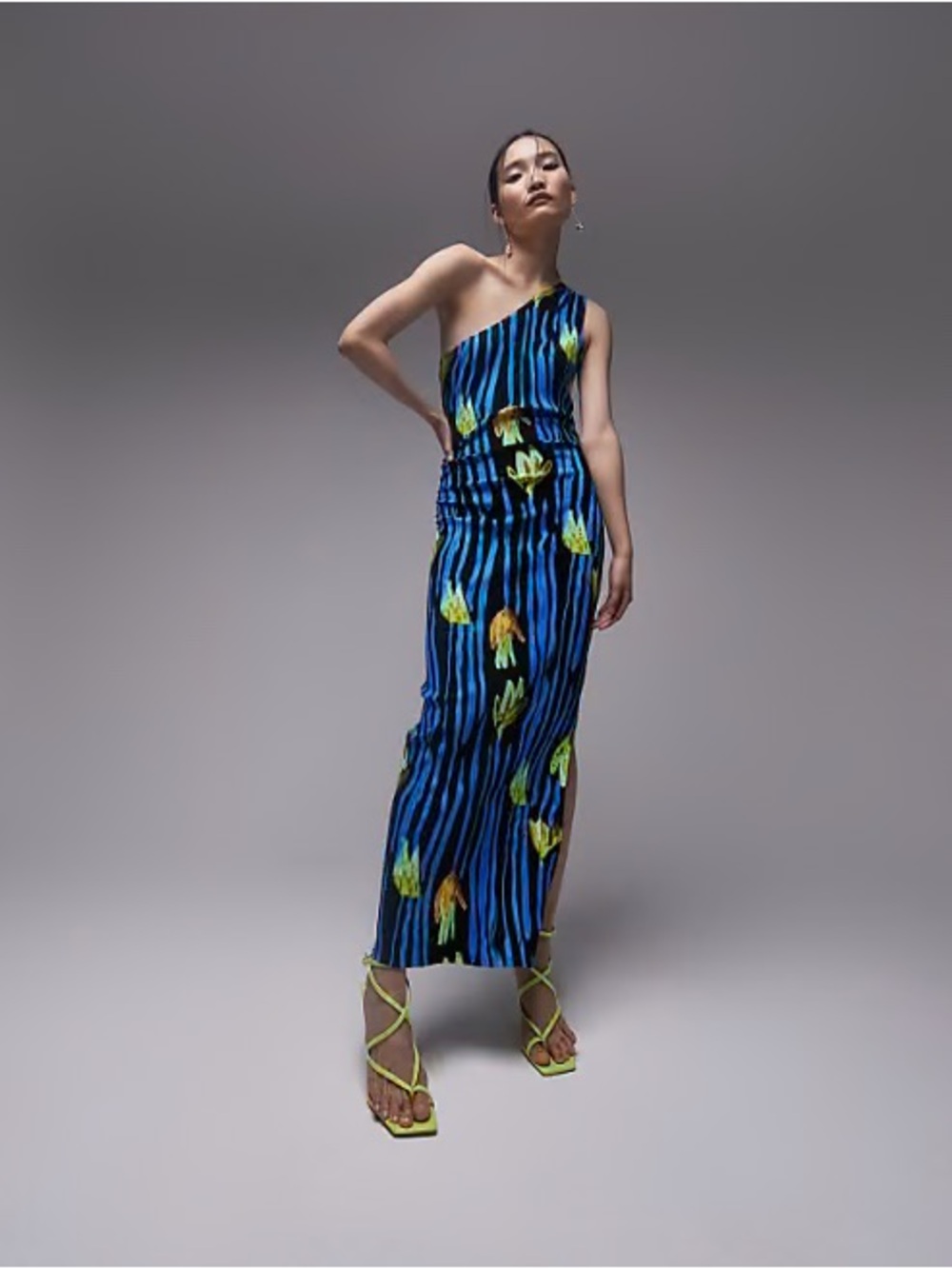Topshop One-Shoulder Blue & Black Striped Floral Maxi Dress